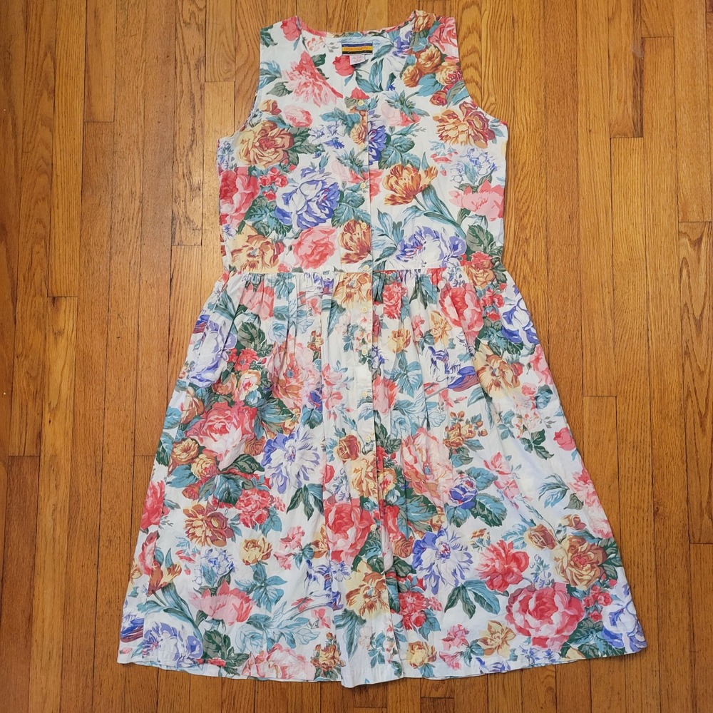 Bryn Connelly L Floral Button Front‎ Midi Dress Cotton Vintage Cottagecore 90s
